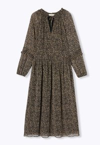 Robe à manches longues en tissu sombre avec un motif floral. Elle présente un décolleté en clé, une taille froncée et un ourlet texturé.