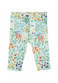 Lysegrønne ribbede baby leggings med et all-over blomstermønster i orange, lilla, gul og grøn, med en bølget kant.