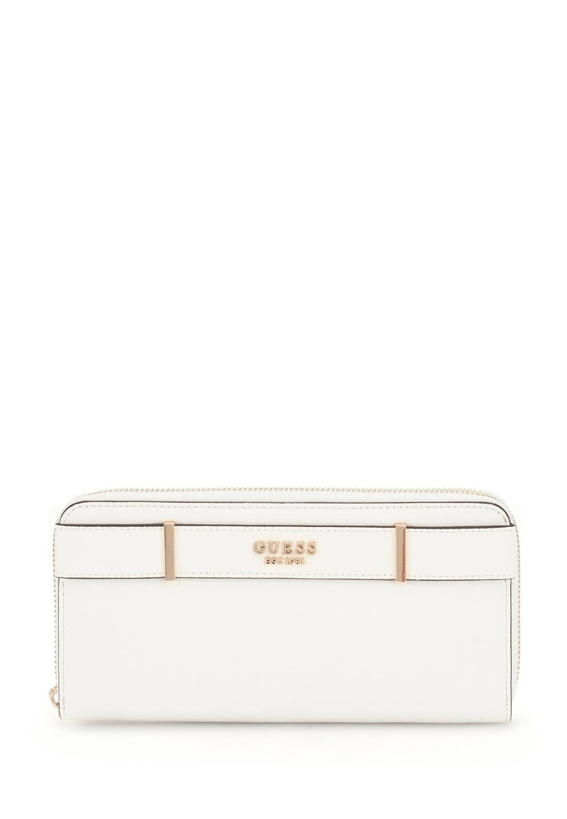 Portafoglio in pelle bianca con hardware dorato, dotato di chiusura con zip, logo impresso e design minimalista con una texture liscia.