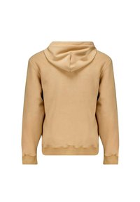 Sweatshirt beige à capuche avec une texture lisse, des poignets et un ourlet côtelés. Équipé d'une poche kangourou et d'un design simple et sans embellissement.
