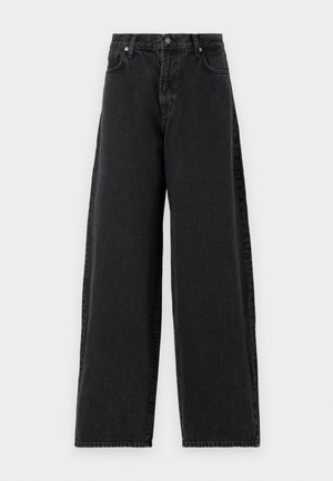 Hochgeschnittene schwarze Denim-Jeans mit weitem Bein, ausgestattet mit klassischem Fünf-Taschen-Stil und Metallknopfverschluss. Texturiertes, leicht ausgewaschenes Material.