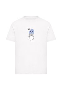 White cotton t-shirt featuring a blue jellyfish graphic with black outlines and the word "Hi!" in a playful font. Classic crew neck design.