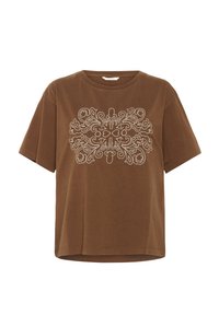 T-shirt en coton marron à manches courtes et col rond. Présente une broderie blanche complexe dans un design floral symétrique.