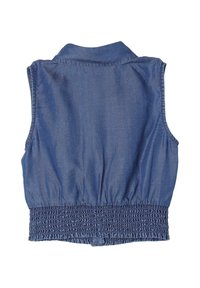 Top senza maniche in denim con colletto, vita smock elastica e tessuto blu texturizzato. Il retro è semplice, senza decorazioni.