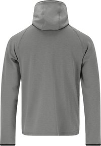 Grauer Langarm-Hoodie mit hohem Kragen und glatter Textur. Verfügt über Raglanärmel und einen schwarzen Akzent an den Bündchen.