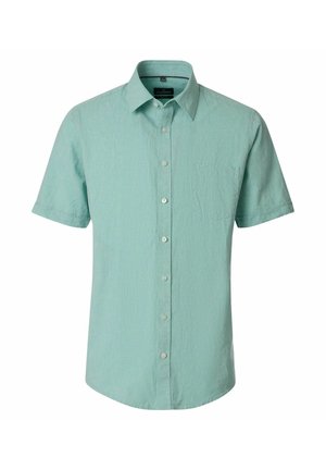 Lysegrøn kortærmet skjorte med knapper, krave og enkelt brystlomme mod hvid baggrund.
