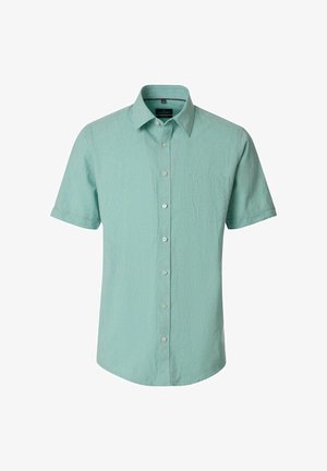 Hellgrünes, kurzärmeliges Hemd mit Knopfleiste, Kragen und einer einzelnen Brusttasche vor weißem Hintergrund.