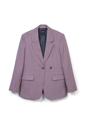 Blazer doppiopetto in un motivo houndstooth rosso e navy, con rever a punta, due tasche frontali e bottoni neri.