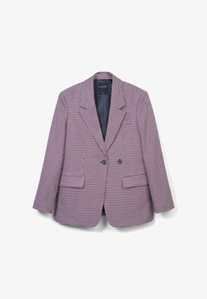 Blazer croisé avec un motif en pied-de-poule rouge et marine, présentant des revers crantés, deux poches avant et des boutons noirs.