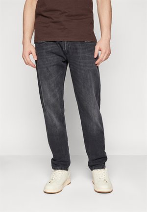 Mörkgrå denimjeans med rak benpassform, som har blekta områden, klassisk femfickedesign och subtila sömnadsdetaljer.