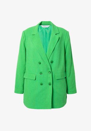 Grüner doppelreihiger Blazer mit strukturiertem Finish, Spitzlapellen und zwei Vorderaschen. Die Verschlussknöpfe sind rund und passend.