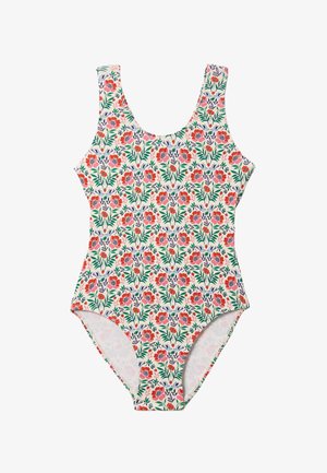 Maillot de bain une pièce avec bretelles larges, présentant un motif floral dense de fleurs rouges, roses et bleues avec des feuilles vertes sur un fond blanc.
