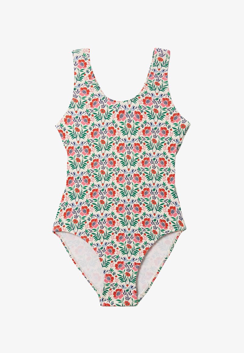 Maillot de bain une pièce avec bretelles larges, présentant un motif floral dense de fleurs rouges, roses et bleues avec des feuilles vertes sur un fond blanc.