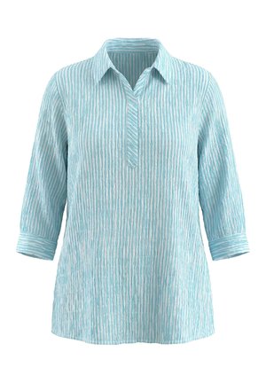 Lyseblå og hvide stribede kvindebluse med lange ærmer, krave, forstykke uden knapper og manchetter ved ærmerne.