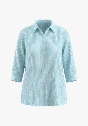 Damska bluzka z długim rękawem w jasnoniebieskie i białe paski, z kołnierzykiem, bez guzików na przedniej listwie oraz z mankietami na rękawach.