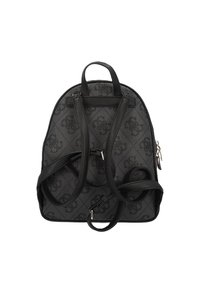 Sac à dos noir avec un motif en monogramme, deux bretelles, un compartiment principal zippé et des accents en cuir. Fini texturé tout au long.