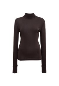 Dark brown turtleneck long-sleeve shirt, made from soft fabric, featuring a fitted silhouette and ribbed cuffs. No visible patterns or hardware.