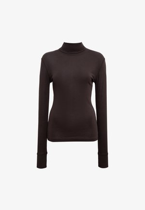 Dark brown turtleneck long-sleeve shirt, made from soft fabric, featuring a fitted silhouette and ribbed cuffs. No visible patterns or hardware.