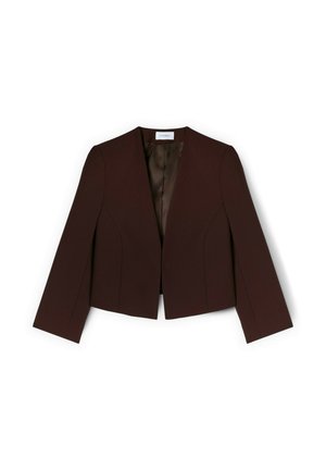 Blazer femenino confeccionado a medida en marrón oscuro, con mangas largas, apertura frontal y forro interior suave, mostrado sobre fondo blanco.