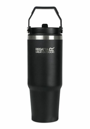 Black insulated travel mug with silver trim and carry handle, branded "Regatta Great Outdoors" on front.
