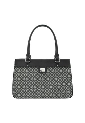 Borsa a tracolla con motivo nero e grigio, caratterizzata da una texture liscia, accessori in argento e doppi manici; presenta un dettaglio con placca sulla parte anteriore.