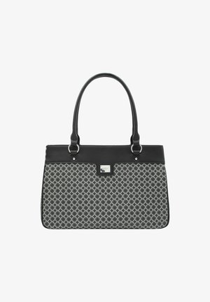 Borsa a tracolla con motivo nero e grigio, caratterizzata da una texture liscia, accessori in argento e doppi manici; presenta un dettaglio con placca sulla parte anteriore.