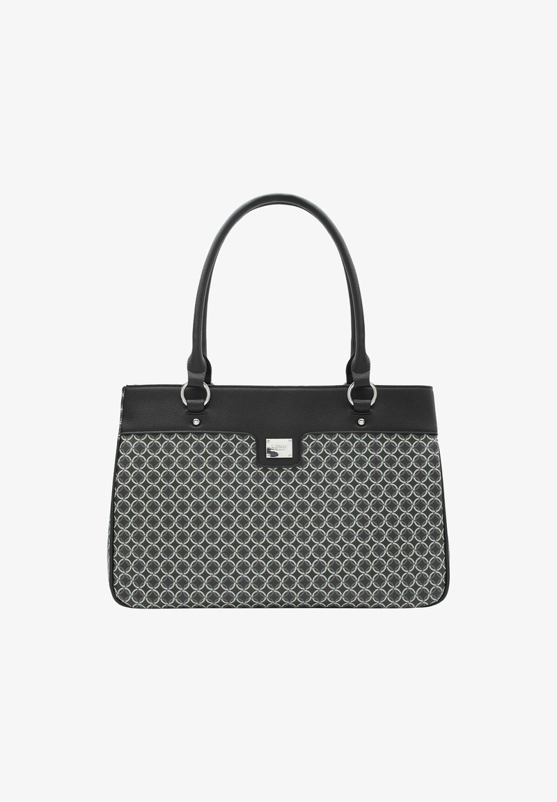 Borsa a tracolla con motivo nero e grigio, caratterizzata da una texture liscia, accessori in argento e doppi manici; presenta un dettaglio con placca sulla parte anteriore.