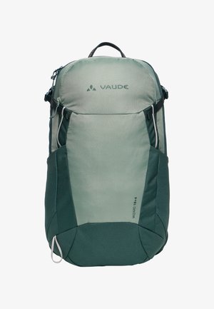 Groene en grijze VAUDE Wizard 18+4 rugzak met bovenhandvat, voorvak met rits en zijcompressiebanden, ontworpen voor wandelen of reizen.