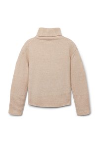 Beige gestrickter Pullover mit hohem Kragen, gerippten Bündchen und Saum. Der Stoff wirkt weich mit einer leichten Textur und hat einen verkürzten Schnitt.