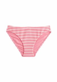 Roza pr stripes bikini dno, izdelano iz gladkega materiala; ima mehko teksturo in nastavljive strane za varno prileganje.