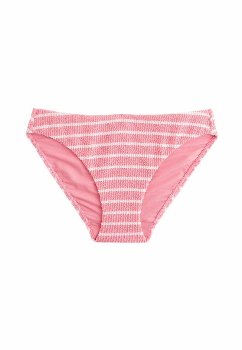 Roza pr stripes bikini dno, izdelano iz gladkega materiala; ima mehko teksturo in nastavljive strane za varno prileganje.