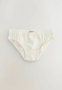 Białe bawełniane majtki z elastycznym ściągaczem w pasie, z metką "NEXT". Gładka tekstura i klasyczny design.