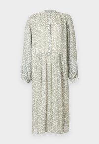 Μακρύ, ανοιχτό πράσινο φόρεμα με μοτίβο λεοπάρ. Διαθέτει κουμπιά μπροστά, σούρα στη μέση και μακριά μανίκια με ελαστικά τελειώματα.