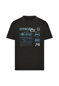 Black cotton t-shirt featuring blue technical drawings of the Citroën CX and related text, with logo and graphics on the front.