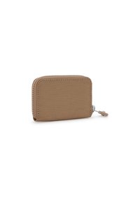 Tan zippered wallet with a smooth fabric texture, rectangular shape, and decorative stitching along the edges. Silver zipper pull detail.