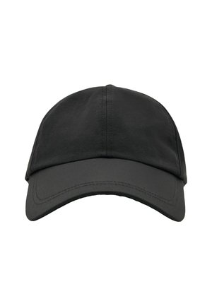 Schwarze Mütze mit runder Krone, gebogenem Schild und glattem Stoff. Verfügt über genähte Akzente entlang des Schirms und der Kanten der Krone.