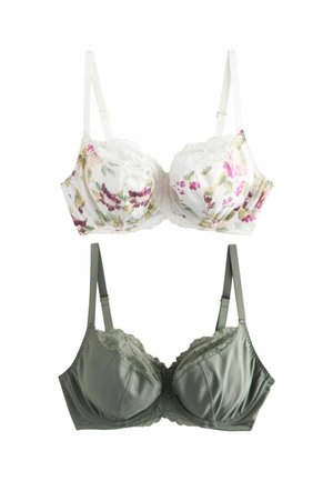Due reggiseni: il primo ha una base bianca con motivi floreali in rosa e verde e bordo in pizzo; il secondo è in satin verde oliva solido con dettagli in pizzo.