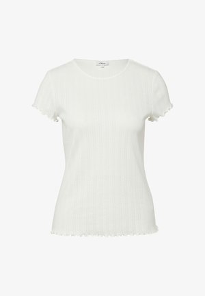 Biały, krótki sweter prążkowany z okrągłym dekoltem i falbankami na rękawach oraz na dole.