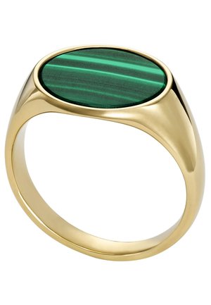 Guld signetring med ovalformet grøn malakitsten med horisontale mørke og lyse striber.