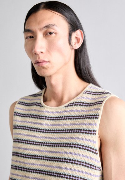 Knit sleeveless top featuring alternating stripes in cream, brown, and light blue with a textured pattern and a round neckline.