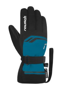 Black waterproof gloves with a blue softshell area and black accents. Features adjustable strap and logo. Designed for winter use.