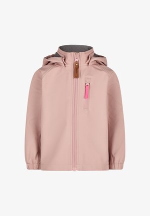 Helle rosa wasserdichte Jacke mit Kapuze, Reißverschluss vorne und einer kleinen Reißverschlusstasche. Verfügt über graues Futter und ein Lederetikett als Akzent.