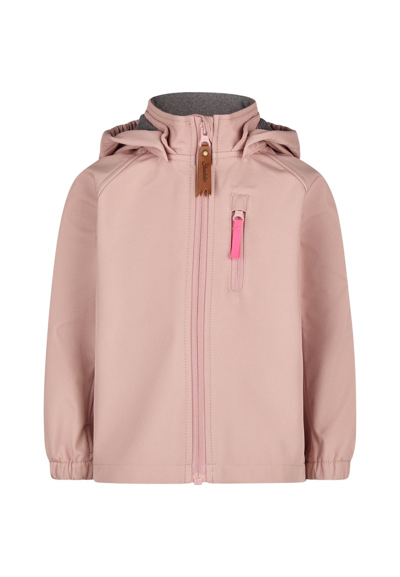 Light pink waterproof jacket with a hood, zipper front, and a small zippered pocket. Features gray lining and leather tag accent.