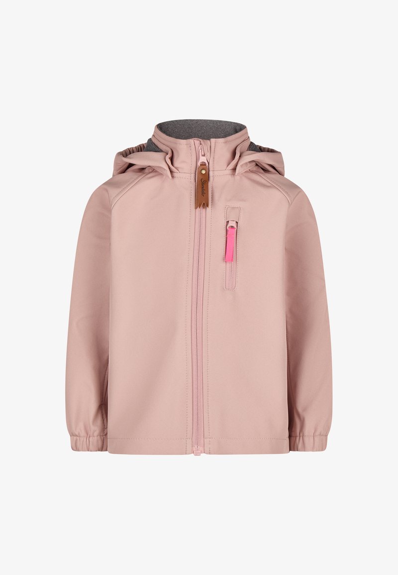 Helle rosa wasserdichte Jacke mit Kapuze, Reißverschluss vorne und einer kleinen Reißverschlusstasche. Verfügt über graues Futter und ein Lederetikett als Akzent.