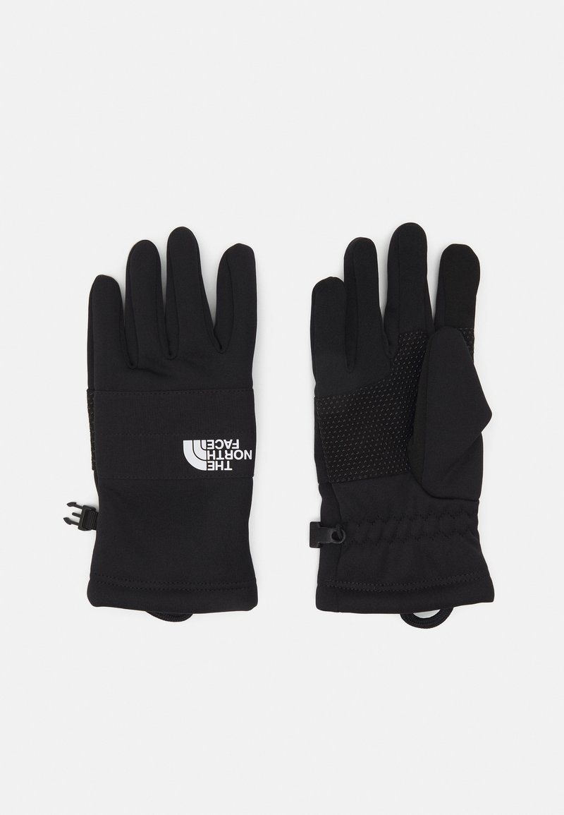 Black gloves with a snug fit, featuring a textured grip on the palm, elastic cuff, and logo detail on the wrist area. Smooth synthetic material.