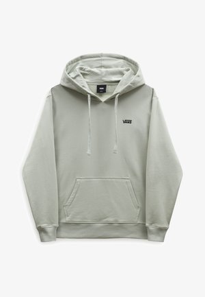 Lysegrå Vans hoodie med frontlomme, snoretræk i hætten, ribstrikkede ærmer og lille sort Vans-logo på venstre bryst.