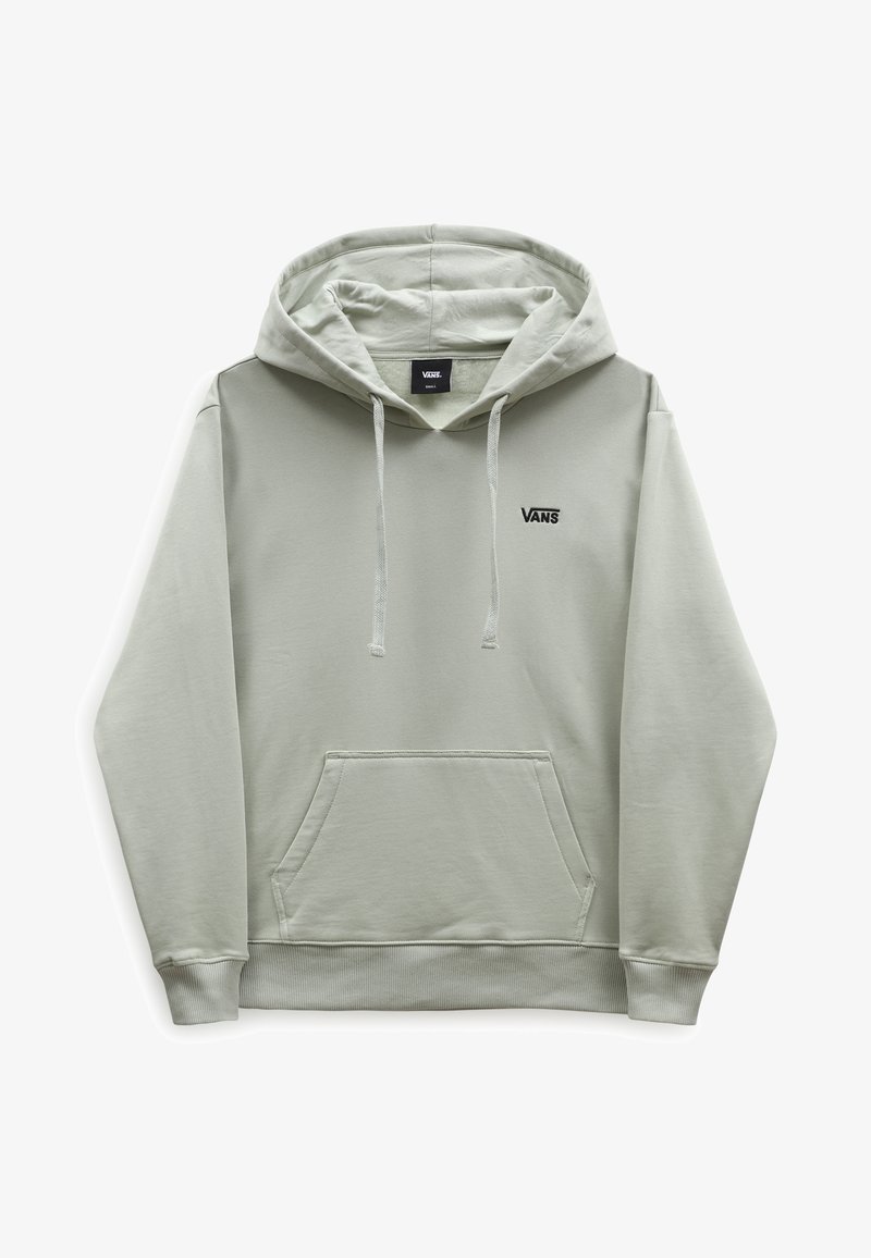 Sweat à capuche Vans gris clair avec poche avant, capuche à cordon, poignets côtelés et petit logo Vans noir sur la poitrine gauche.