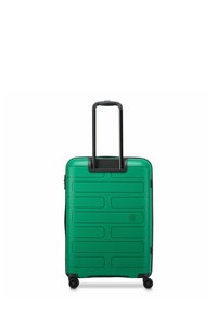 Valigia rigida verde con superficie testurizzata, zip nere, manico estensibile e quattro ruote per la mobilità. Forma compatta e rettangolare.