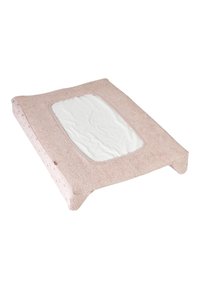 Soft pink changing mat with a textured surface and a white fabric center for easy cleaning, featuring a rounded edge design.