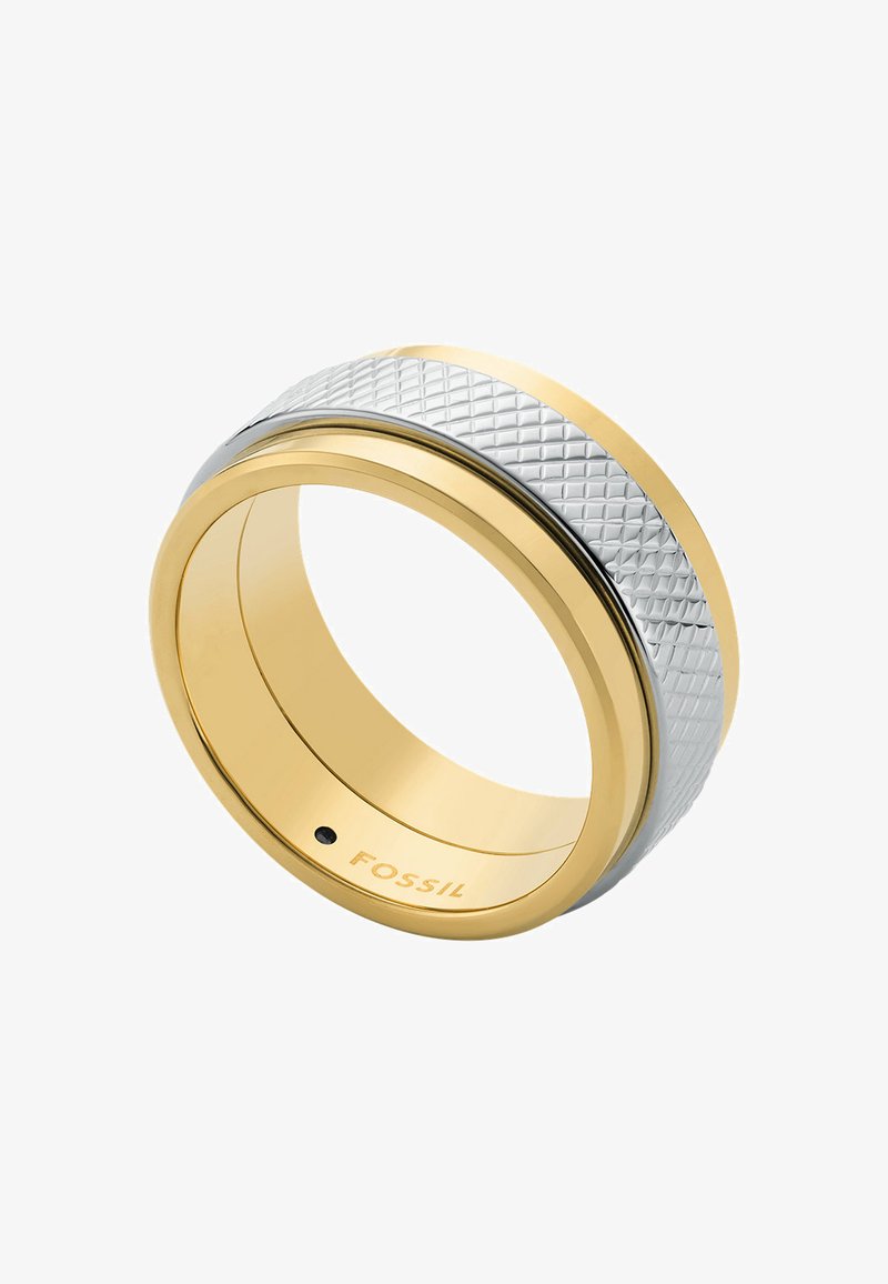 Zelta un sudraba gredzens ar teksturētu sudraba joslu ar dimanta rakstu, apkārt gludām zelta malām. Redzams gravēts zīmola nosaukums.